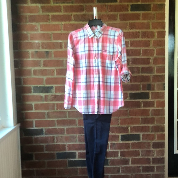 Old Navy cotton lightweight LS shirt: Plaid: Coral/Blues/White - Picture 4 of 5